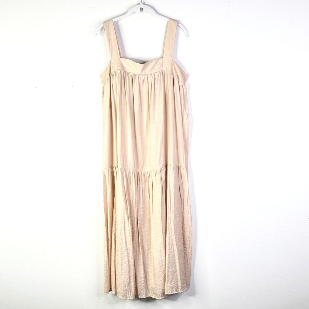 Mango Dress Women L Beige Strappy Midi Sundress Flowy Boho Cottage Tiered Ruffle
